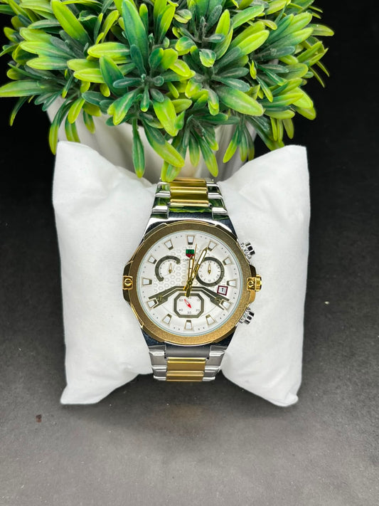 Carrera Chronograph Quartz Watch – Gold & Silver Chain - White Textured Dial AXIOM