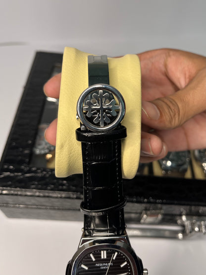 PP Nautilus watch - Black Dial & Black Leather Strap