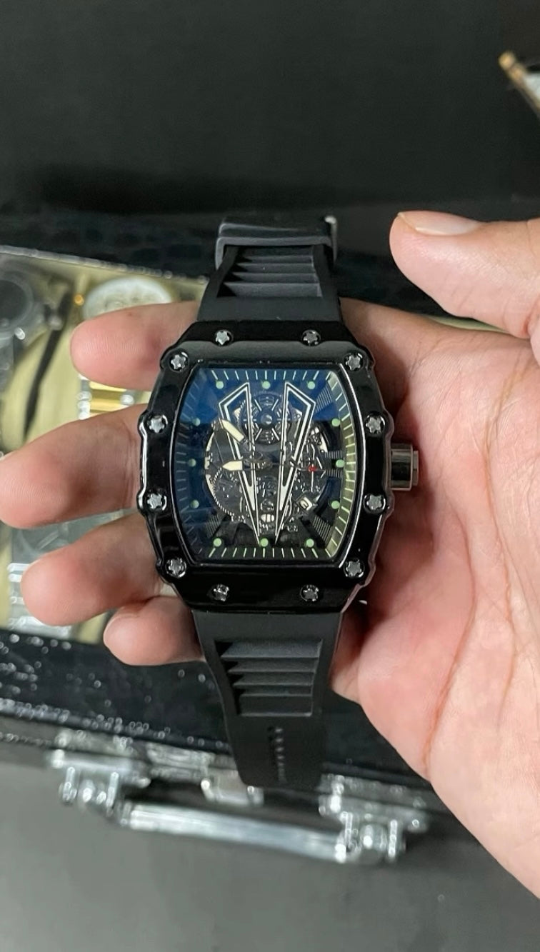 RM Tonneau Skeleton Watch – Black Rubber Strap