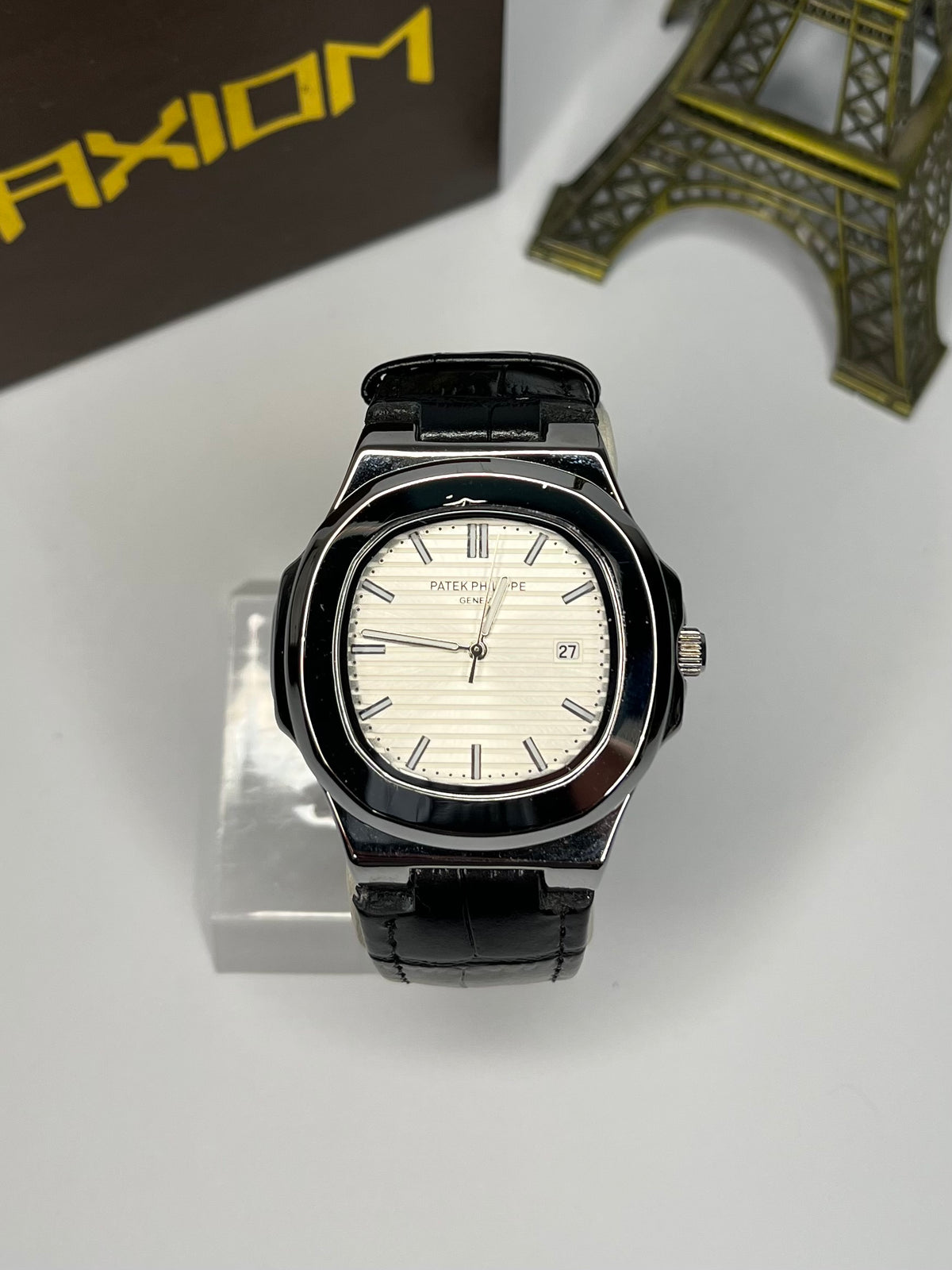 PP Nautilus watch - Black Dial & Black Leather Strap