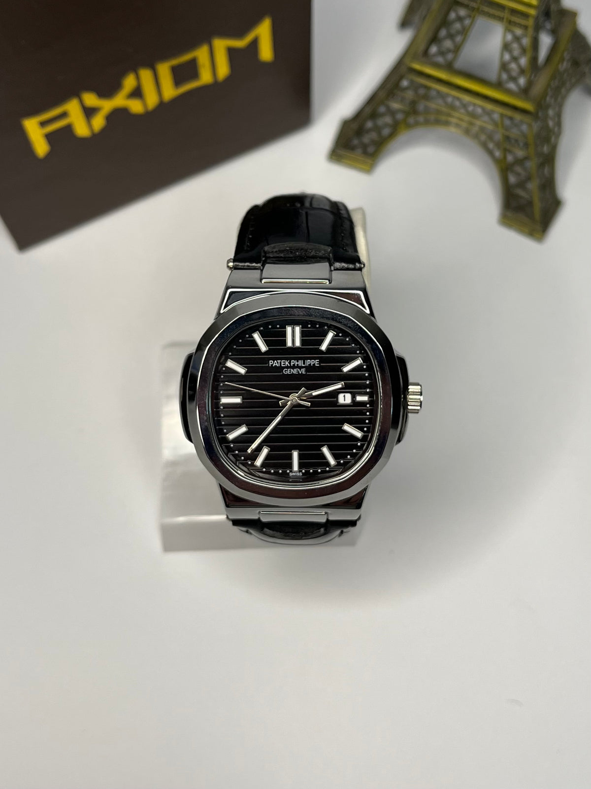 PP Nautilus watch - Black Dial & Black Leather Strap