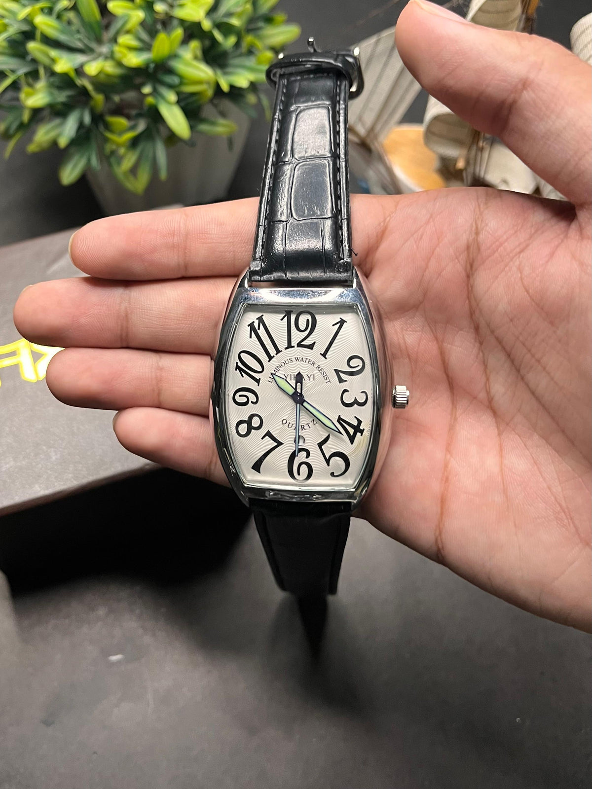 Vintage Tonneau Men's Watch – White Dial with Black Leather Strap AXIOM