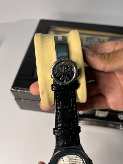 PP Nautilus watch - White Dial & Black Leather Strap