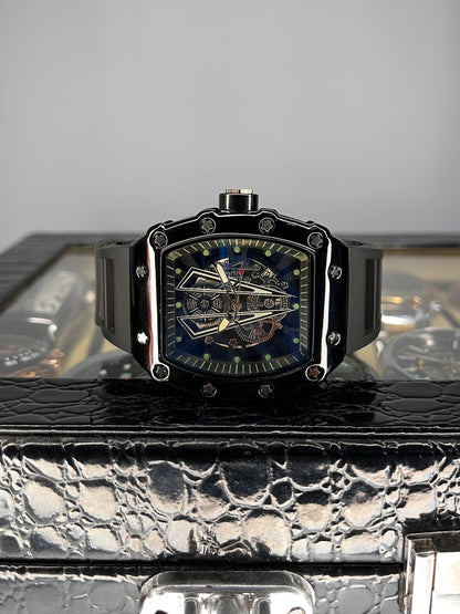 RM Tonneau Skeleton Watch – Black Rubber Strap