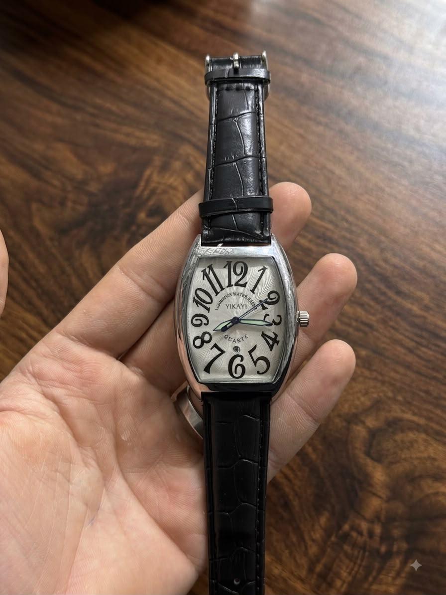 Vintage Tonneau Men's Watch – White Dial with Black Leather Strap AXIOM