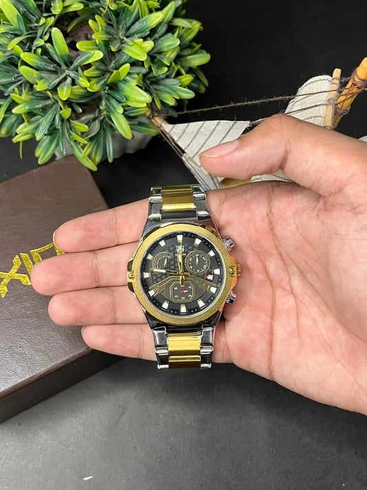 Carrera Chronograph Quartz Watch – Gold & Silver Chain - Black Textured Dial AXIOM