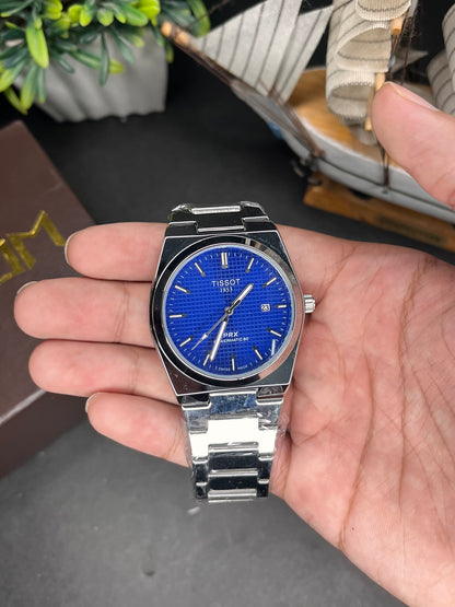 Tissot PRX Semi-Automatic Watch – Blue Waffle Dial | Stainless Steel Bracelet AXIOM