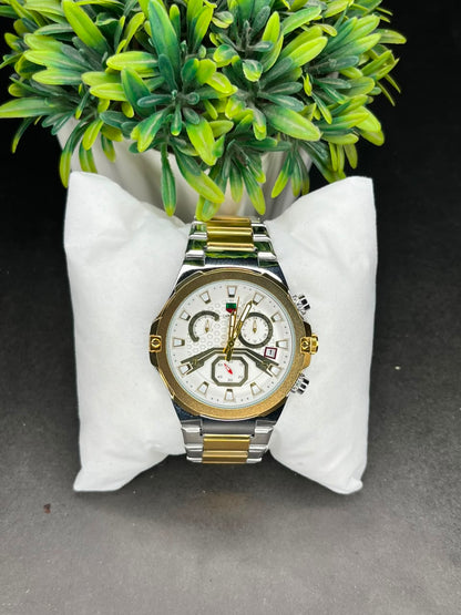 Carrera Chronograph Quartz Watch – Gold & Silver Chain - White Textured Dial AXIOM